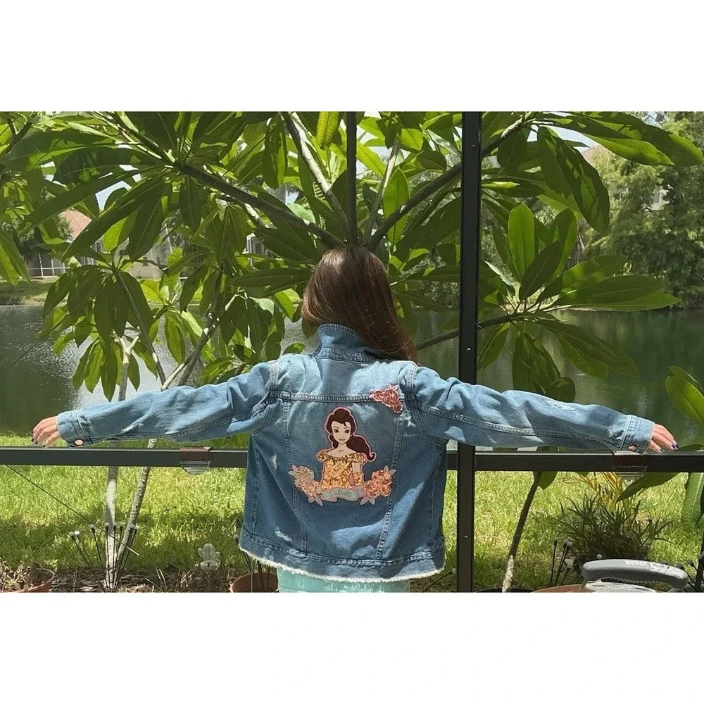 Disney Belle Beauty & The Beast Girls Distressed Denim Jacket 11-12 Sequins